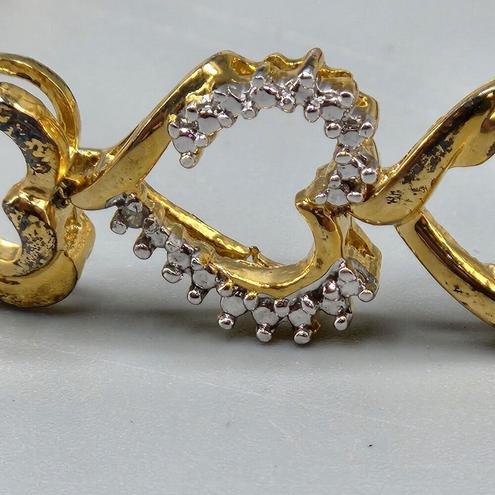 Gold Plated Sterling Silver Heart Link Chain Bracelet 925 Clear Stones 7" Long - Picture 2 of 9